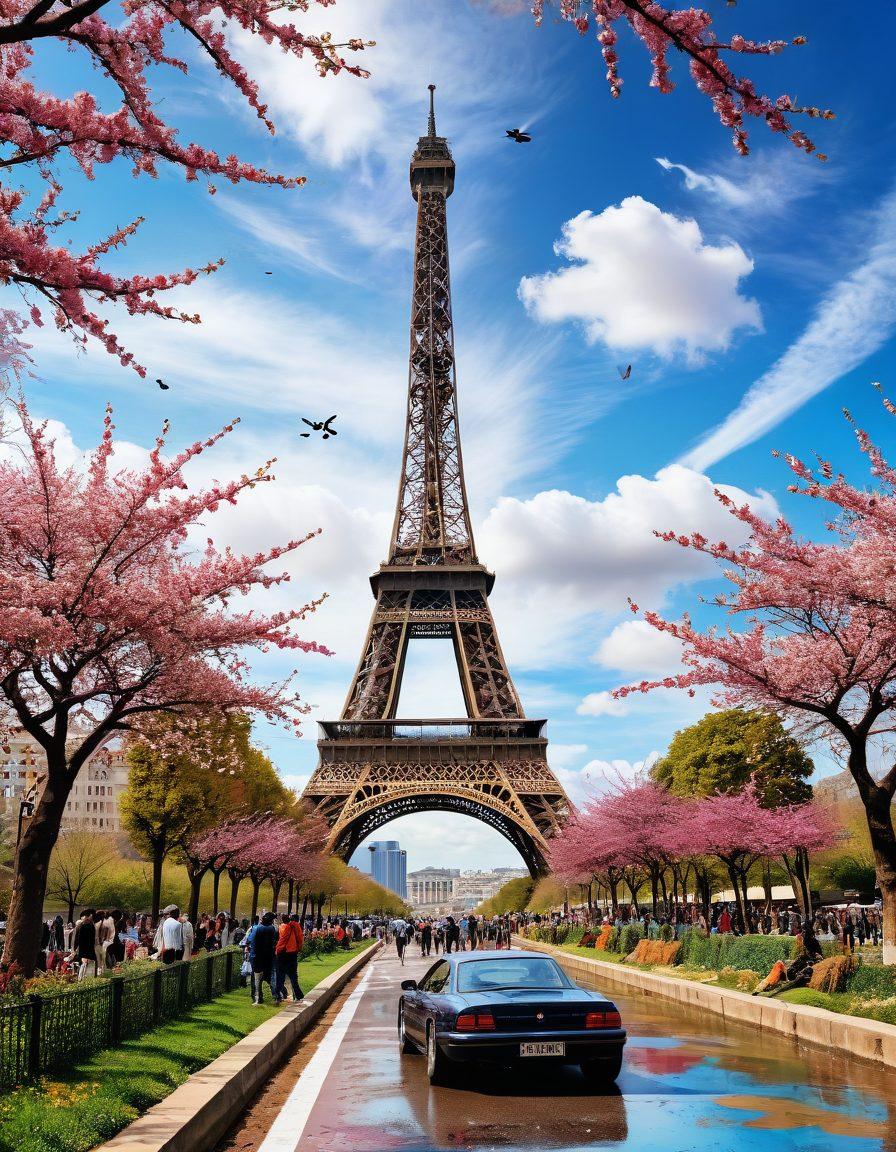 A colorful collage of international art styles blending into a vibrant landscape, featuring iconic landmarks like the Eiffel Tower, Japan's cherry blossoms, and African tribal patterns. Include artists at work, vibrant paints splattering dynamically, creating a sense of movement and creativity. The background should be a fusion of different textures, symbolizing cultural diversity. super-realistic. vibrant colors. 3D.