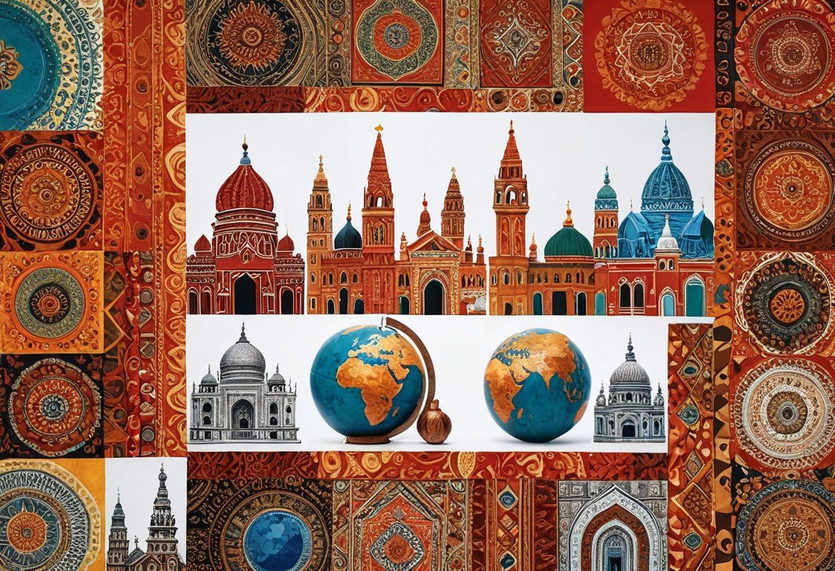 A vibrant collage of stunning global art pieces and design trends, showcasing traditional and modern styles from different cultures, interwoven with textures like fabric, wood, and clay. Include elements of famous landmarks and local artists at work, creating a sense of global connectivity and inspiration. Utilize warm and inviting colors to enhance the charm of diversity. super-realistic. vibrant colors. white background.